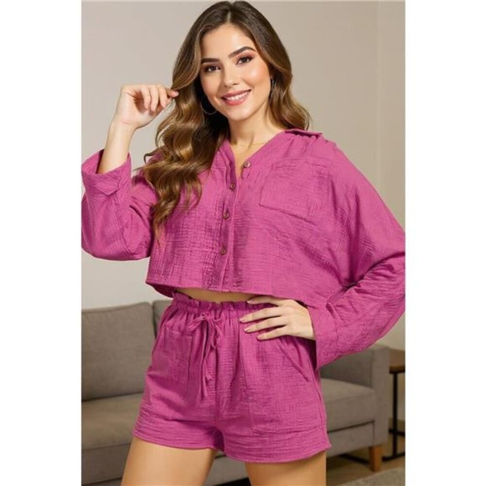 Basic Bae Buttoned Long Sleeve Top and Shorts Set